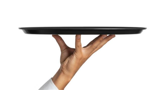 Isolated Image of Hand Holding Black Empty Serving Tray for Food Service