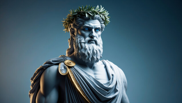 The majestic statue of Zeus, the king of the gods, is depicted in exquisite detail with a laurel wreath. - Powered by Adobe