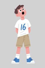 Surprised Boy Wearing Number Sixteen Shirt and Shorts