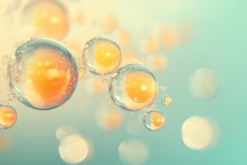 Close-up view of translucent oil bubbles in a pastel colored background.