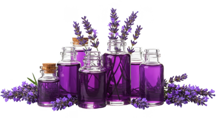 Isolated Lavender Essential Oil Bottles Purple Flower Transparent Background