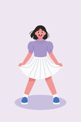 Happy Girl in Purple Shirt and White Skirt holding skirt with joyful expression