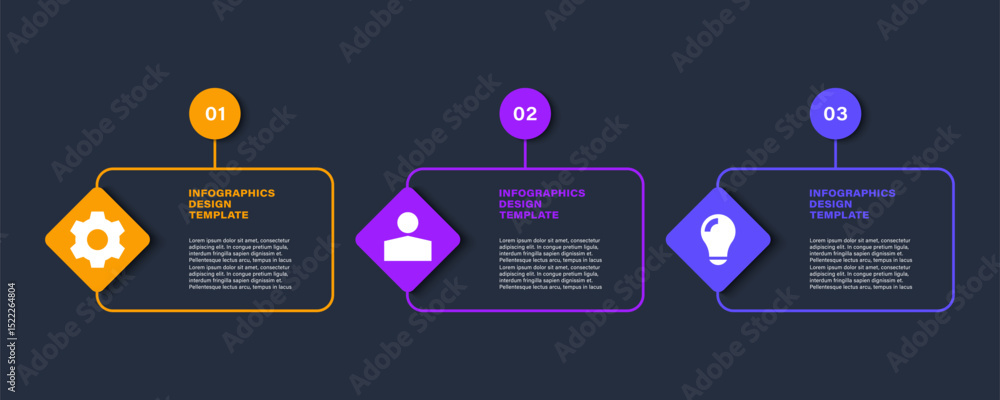 Aufkleber three steps or processes vector infographic template with icons and place for data