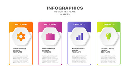 Hexagons vector infographic template. Four steps or processes with icons and text