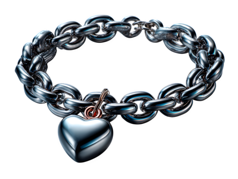 Silver bracelet chain with small heart charm, realistic metallic shine, isolated on transparent background --ar 4:3 --v 7.0 --p 537mr6h --s 250