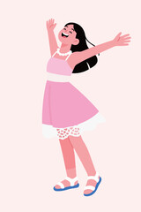 Happy Girl Wearing Pink Dress and Dancing with Arms Raised