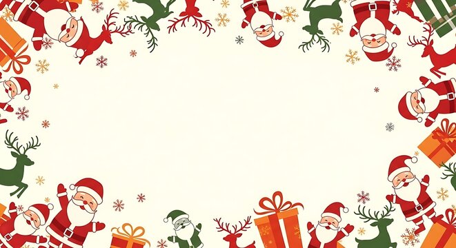 Festive Christmas Border Design with Santa, Reindeer, and Gifts