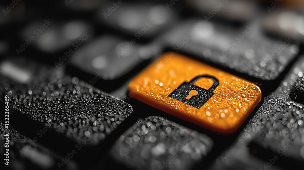 Poster a wet keyboard features an orange key with a black padlock symbol, emphasizing digital security and 