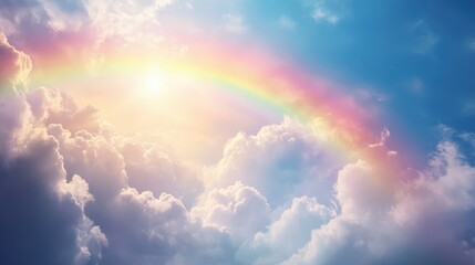 Vibrant Rainbow Arching Across Bright Blue Sky with Soft Fluffy Clouds Illuminated by Sunlight in a Serene Natural Landscape