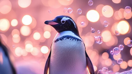 A Charming Penguin Standing Proudly Against a Soft Purple Background with Glowing Bokeh Lights and Floating Bubbles, Perfect for Nature and Wildlife Themes