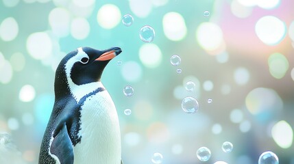 Adorable penguin with playful bubbles in a colorful background, highlighting the whimsical and cheerful nature of wildlife in a captivating aquatic setting.