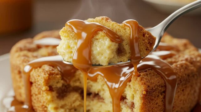 Steaming Bread Pudding Slice with Caramel Drizzle on Spoon Close-Up Video