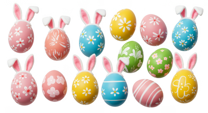 Isolated Illustration of Decorated Easter Eggs with Bunny Ears Background