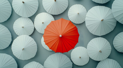 Red umbrella standing out among white umbrellas on white background - odd one out concept