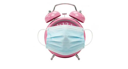 Isolated Illustration Pink Alarm Clock with Medical Mask for Protection