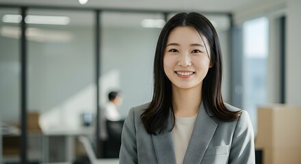 An office worker is smiling warmly in a modern office.