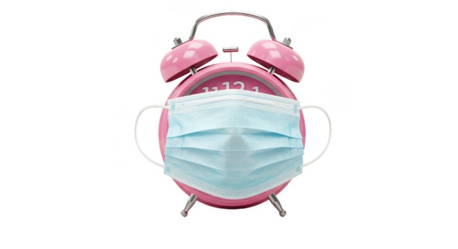 Isolated Illustration Pink Alarm Clock with Medical Mask for Protection