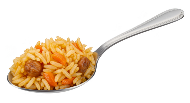 Isolated Pilaf on Silver Spoon with Rice Meat and Transparent Background