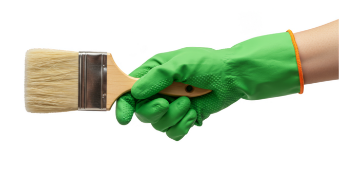 Isolated Image Green Glove Hand Holding Paint Brush Tool Wooden - Powered by Adobe