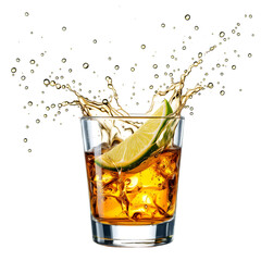 A glass of whiskey with ice and a lime wedge creating a splash on a black background