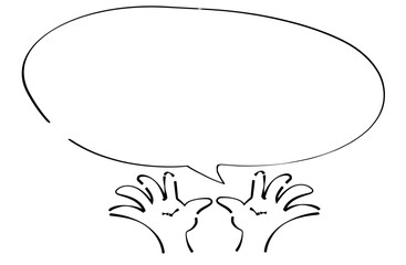 both hands raised in banzai pose with speech balloon illustration