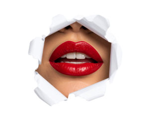 Female Lips Peeking Through Vertical Torn Paper Edge, Isolated on Transparent Background PNG