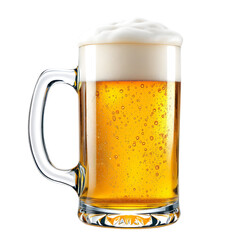 A close up of a glass beer mug filled with frothy beer on a black background shot