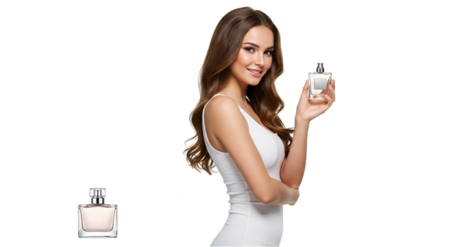 Isolated Image of Woman Holding Perfume Bottle in Transparent Background