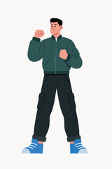 Man Wearing Green Jacket and Black Cargo Pants Showing Fist