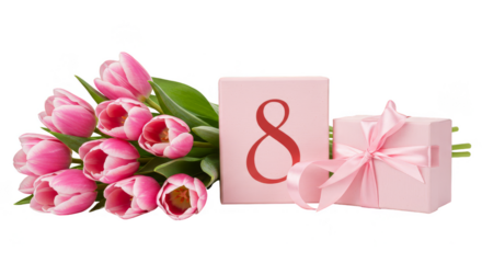 Isolated Pink Tulips Bouquet with Number Eight and Gift on Transparent