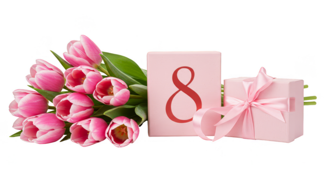 Isolated Pink Tulips Bouquet with Number Eight and Gift on Transparent