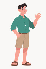 Man Wearing Green Shirt And Khaki Shorts Waving Hand