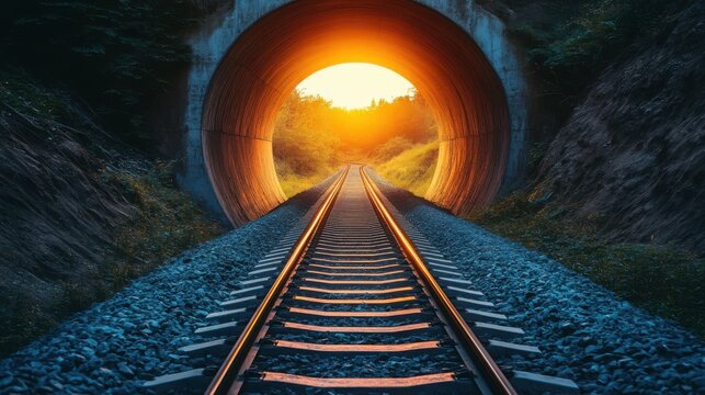 Dynamic rays of blue and orange light create an ethereal atmosphere in a futuristic tunnel, where train tracks extend into the unknown, inviting exploration.