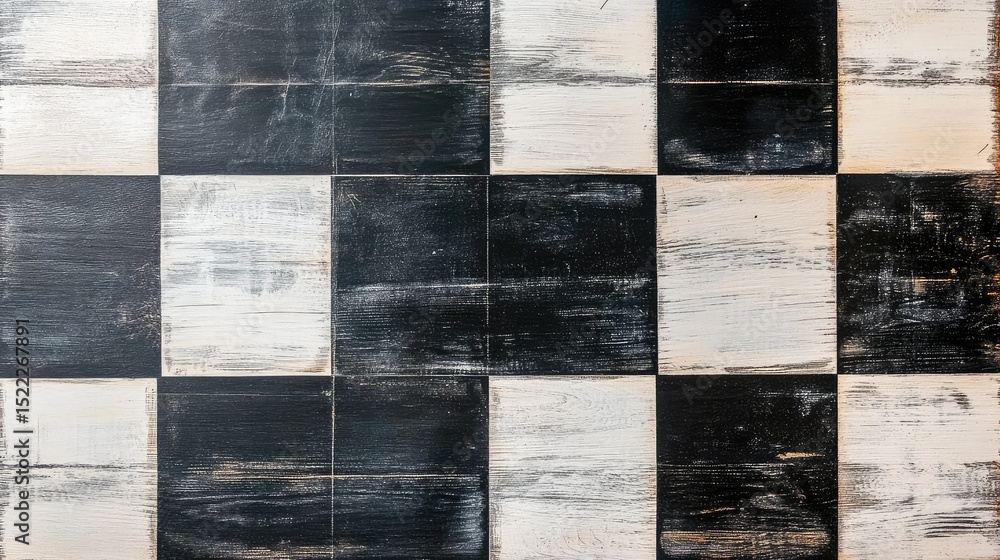 Poster abstract pattern of distressed black and white square tiles arranged in a checkerboard layout for mo