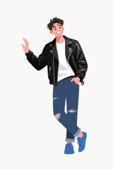 Man Wearing Black Jacket and Blue Jeans Waving Hand