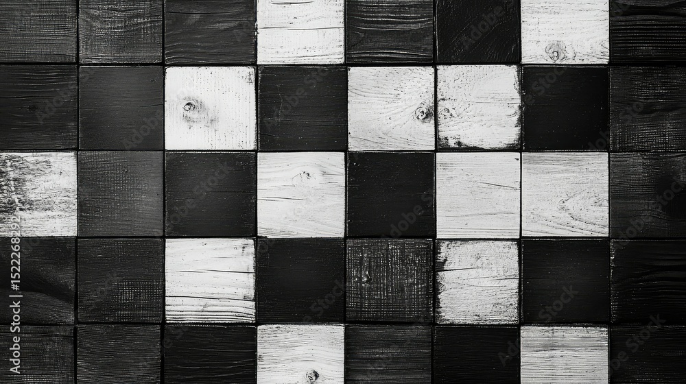 Poster abstract black and white wooden tile pattern with different textures and finishes creating a unique 