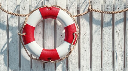 A red and white life preserver is hanging on a wooden fence