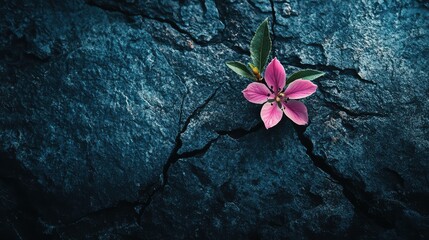 Delicate Pink Flower Growing Through Cracked Stone Surface Symbolizing Resilience and Beauty in Harsh Environments of Nature's Landscape, Close-Up Photography