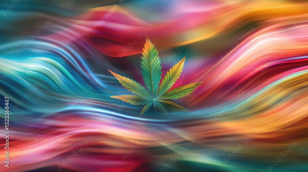 Poster abstract swirls of vibrant colors create a dynamic background with a green cannabis leaf at the cent