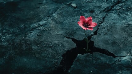 Resilient Pink Flower Blooming Through Cracked Ground, Symbolizing Hope and Perseverance in Adverse Conditions, Nature's Beauty Amidst Hardship