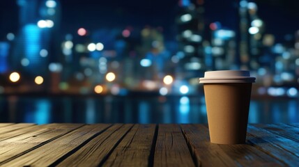 Paper coffee cup on wooden table with city background and text space