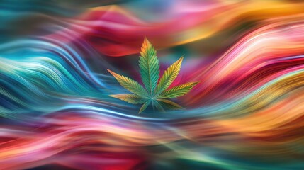 Abstract swirls of vibrant colors create a dynamic background with a green cannabis leaf at the center, symbolizing natural beauty and harmony in modern design.