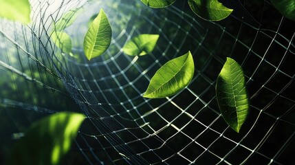 Delicate Green Leaves Floating Through a Web of Interconnected Lines, Capturing the Essence of Nature's Harmony and Tranquility in a Serene Environment