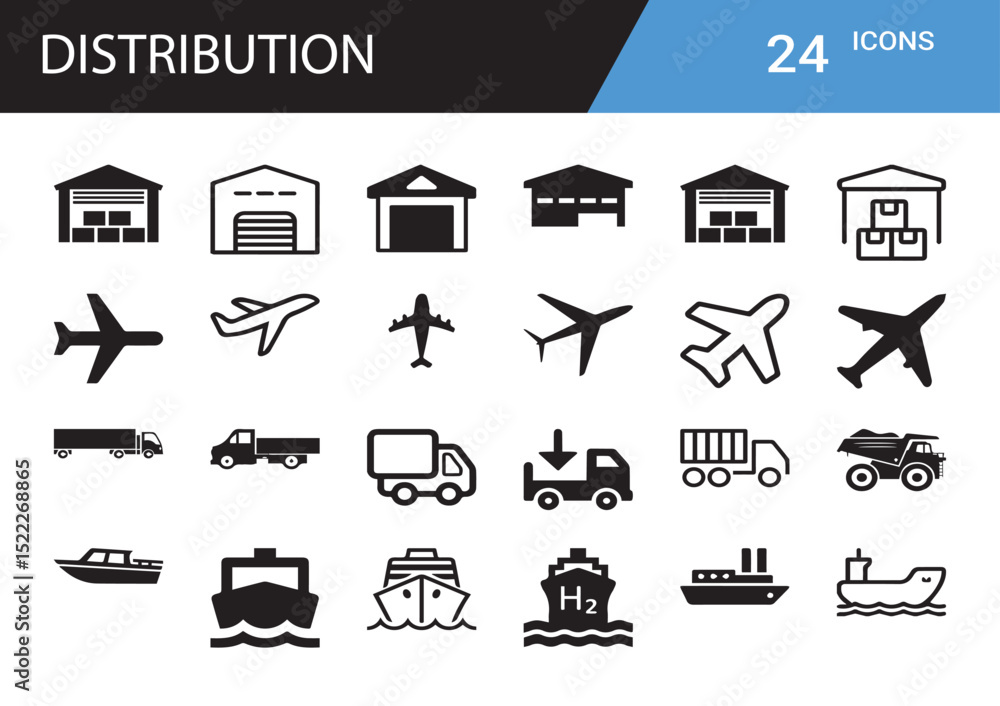 Poster distribution icon set: a comprehensive set of 24 distribution icons, featuring various modes of tran