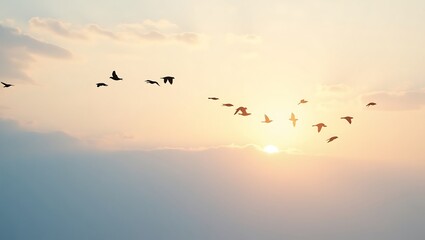 Obraz premium Sunset Silhouette Birds in Flight, Peaceful Evening Sky