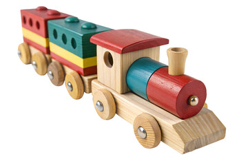 Colorful locomotive wooden toy vehicle isolated on transparent background