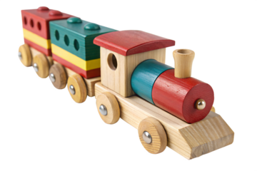 Colorful locomotive wooden toy vehicle isolated on transparent background
