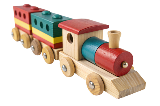 Colorful locomotive wooden toy vehicle isolated on transparent background