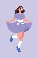 Happy Girl in Purple Dress Jumping with Joy