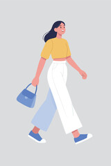 Walking Woman in Yellow Top and White Pants holding Blue Bag